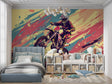 Street art motocross wallpaper bringing urban energy to a modern teen bedroom with gaming setup