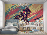 Street art motocross wallpaper bringing urban energy to a modern teen bedroom with gaming setup