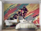 Graffiti style motocross mural in a stylish home gym showing scale and impact