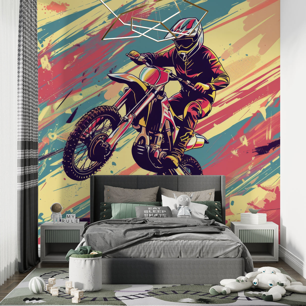 Street art motocross mural adding energy to a modern teen hangout space
