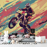 Dynamic motocross wall design creating impact in an urban style bedroom