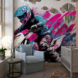 Street art motocross wallpaper bringing urban style to a modern teen bedroom with blue and pink color splashes