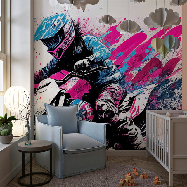 Street art motocross wallpaper bringing urban style to a modern teen bedroom with blue and pink color splashes