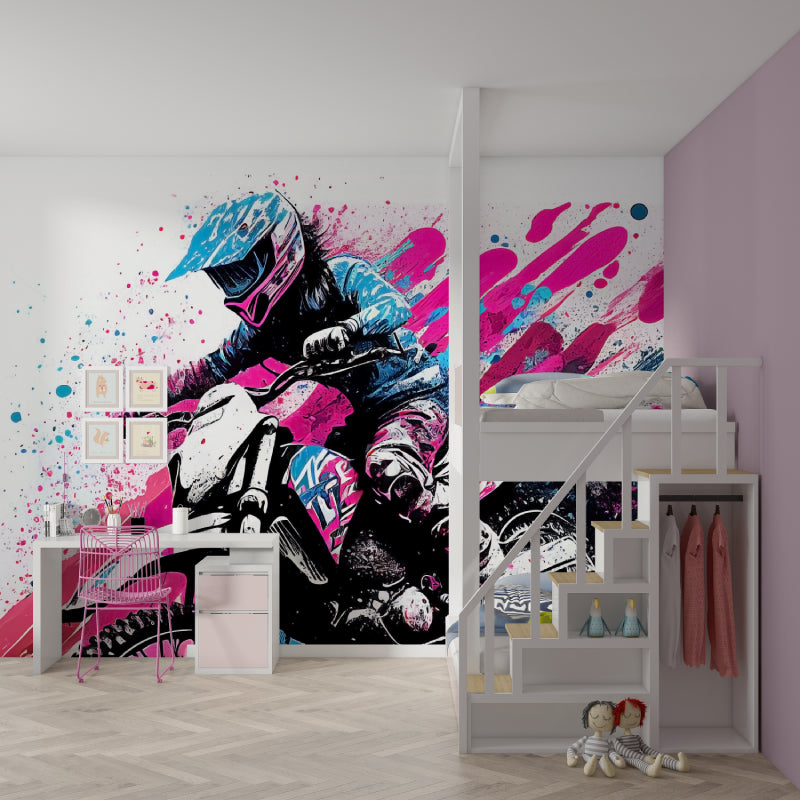 Graffiti style motocross mural creating impact in a contemporary game room