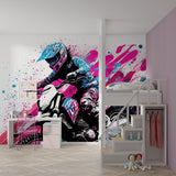 Graffiti style motocross mural creating impact in a contemporary game room