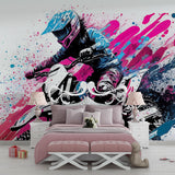 Urban art wallpaper with motocross design making a statement in a living room