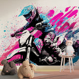 Modern motocross wallpaper adding energy to an urban style bedroom