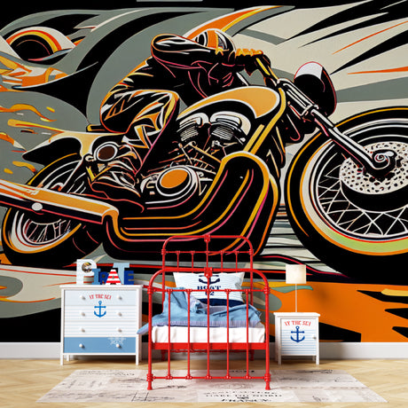 Street art motorcycle wallpaper creating a bold statement in a modern gaming room with orange and black tones