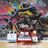Street art motorcycle wallpaper bringing urban style to modern living room with dramatic lighting