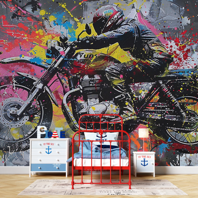 Street art motorcycle wallpaper bringing urban style to modern living room with dramatic lighting