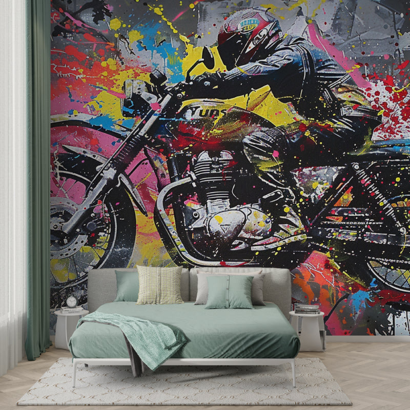 Graffiti motorcycle mural creating bold statement in teen bedroom space