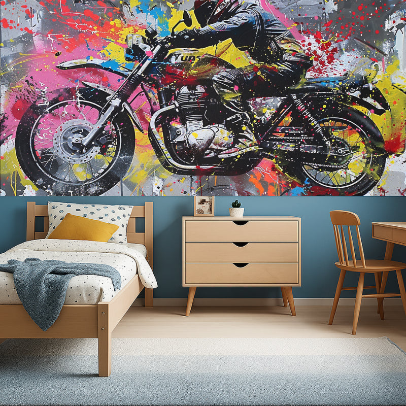 Urban street art wallpaper transforming home office with dynamic motorcycle design