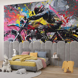 Street art motorcycle mural adding energy to gaming room setup