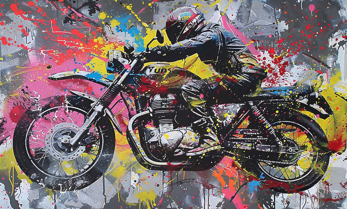 Design file of motorcycle street art wallpaper showing vibrant graffiti details and color splashes