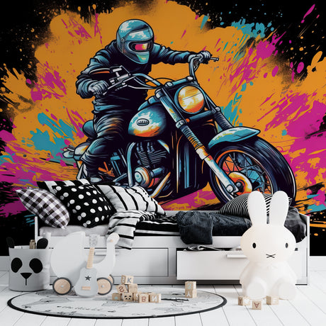 Street art motorcycle wallpaper in modern teen bedroom showing vibrant colors and urban style