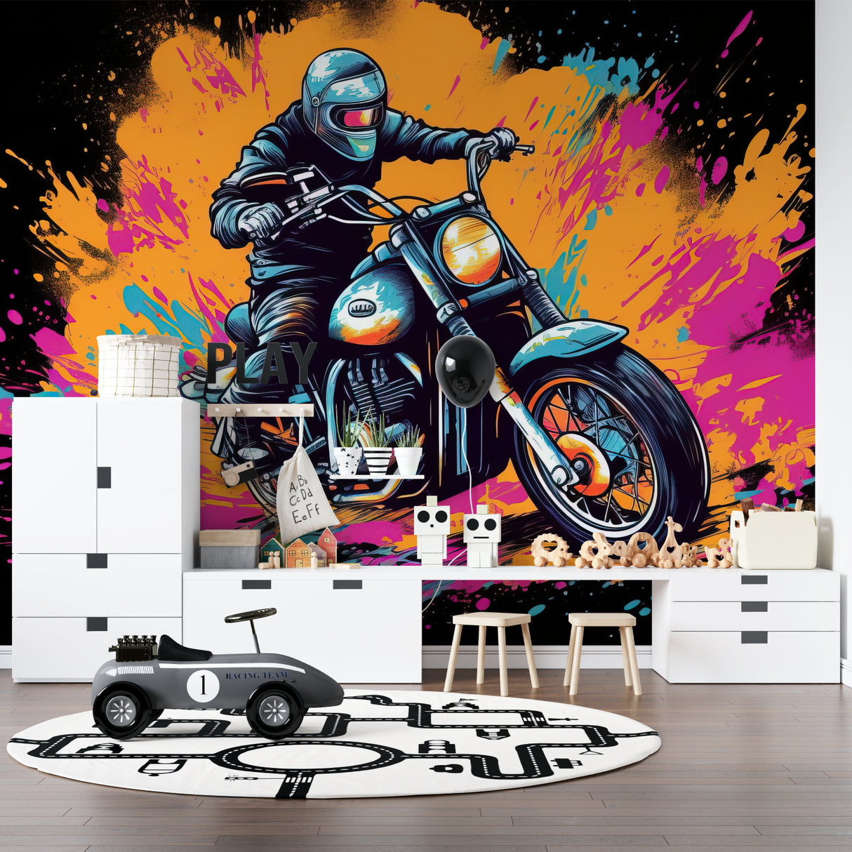 Graffiti style motorcycle mural displayed in gaming room with LED lighting