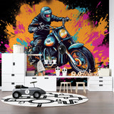 Graffiti style motorcycle mural displayed in gaming room with LED lighting