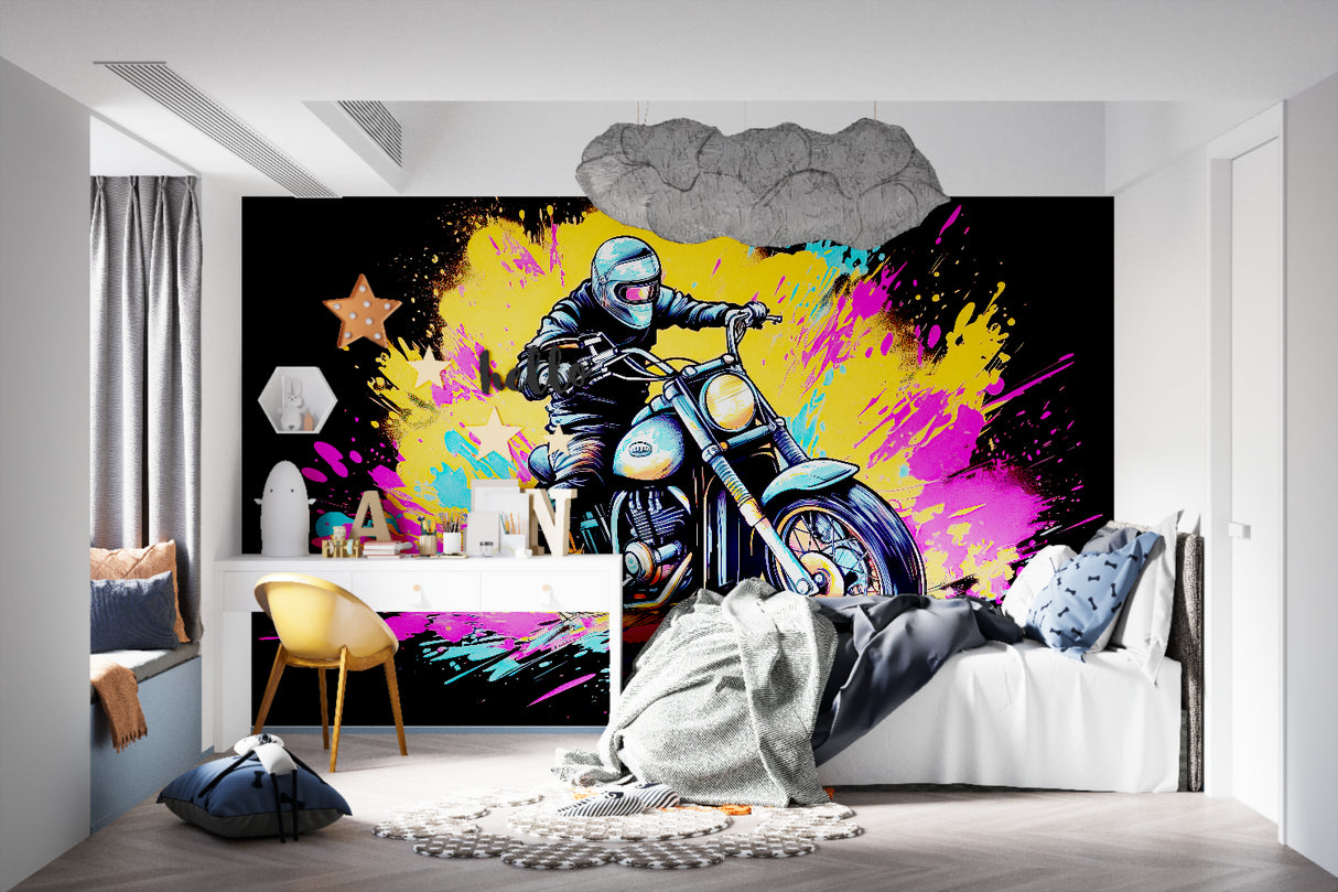 Urban motorcycle wall mural bringing energy to a home office space