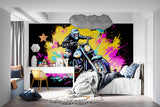 Urban motorcycle wall mural bringing energy to a home office space