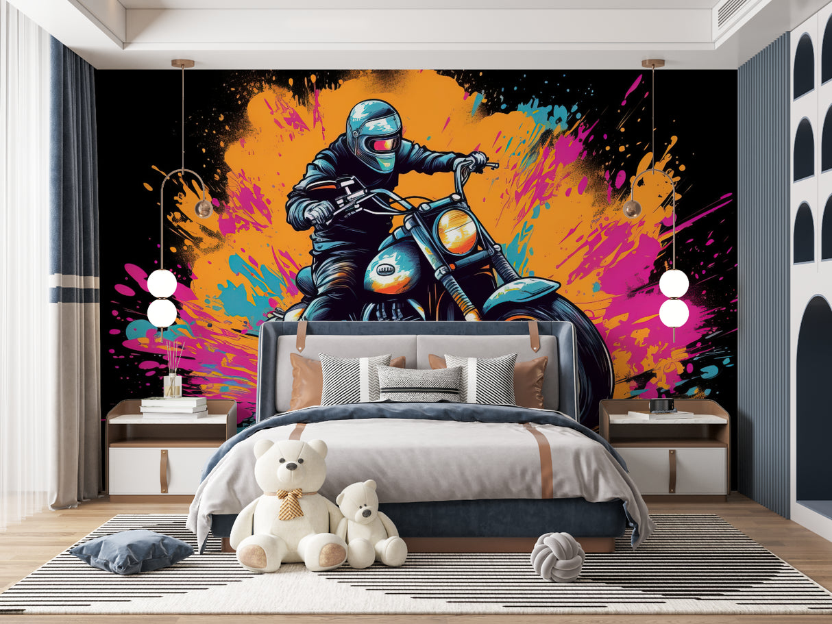 Street art wallpaper featuring motorcycle design in contemporary living room
