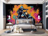 Street art wallpaper featuring motorcycle design in contemporary living room