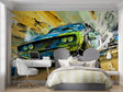 Street art racing car wallpaper bringing urban style to modern teen bedroom, blue and neon accents pop against white walls