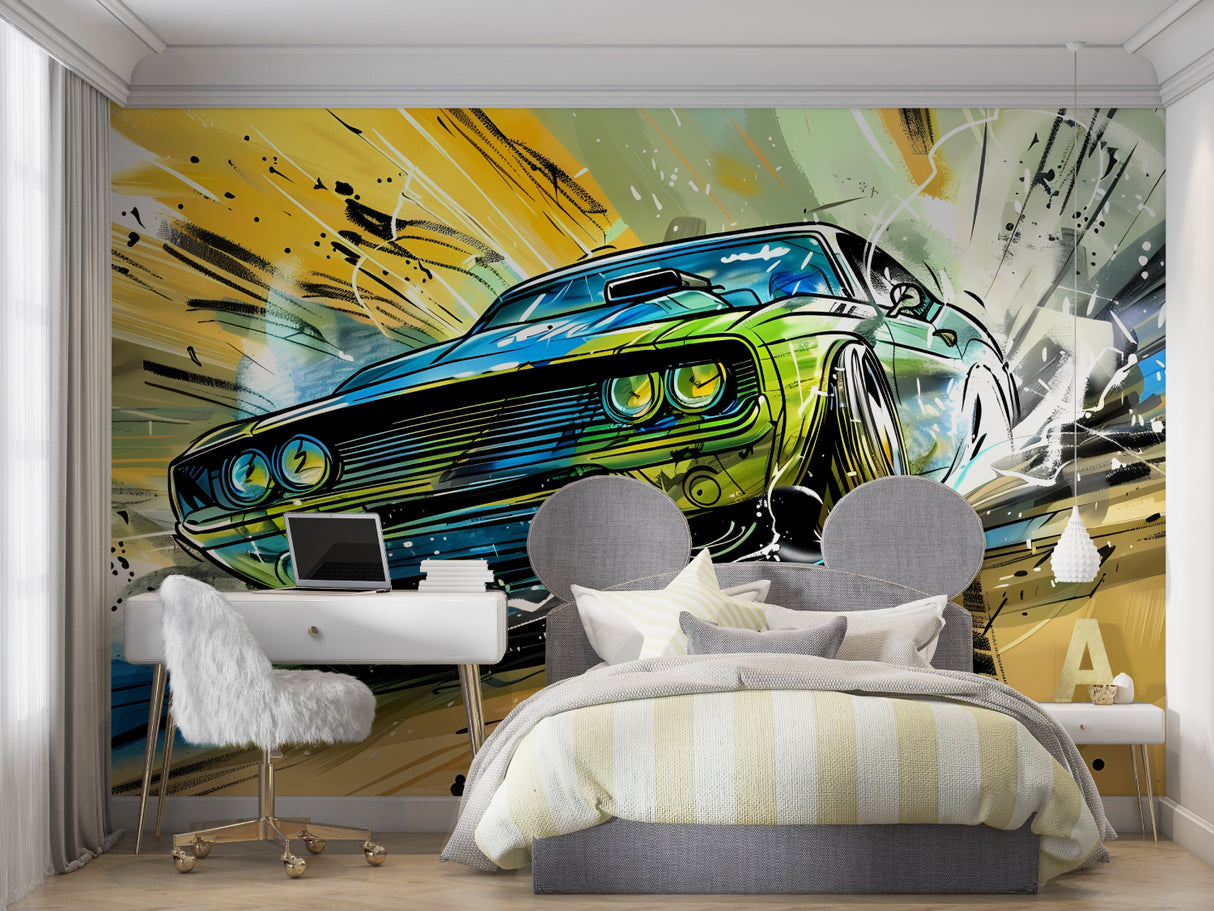 Street art racing car wallpaper bringing urban style to modern teen bedroom, blue and neon accents pop against white walls