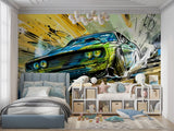 Graffiti style car mural energizing a game room with dynamic street art vibes