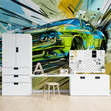 Urban art car wallpaper creating dynamic atmosphere in a contemporary living space