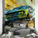 Street art wallpaper with racing car design making a bold statement in home office