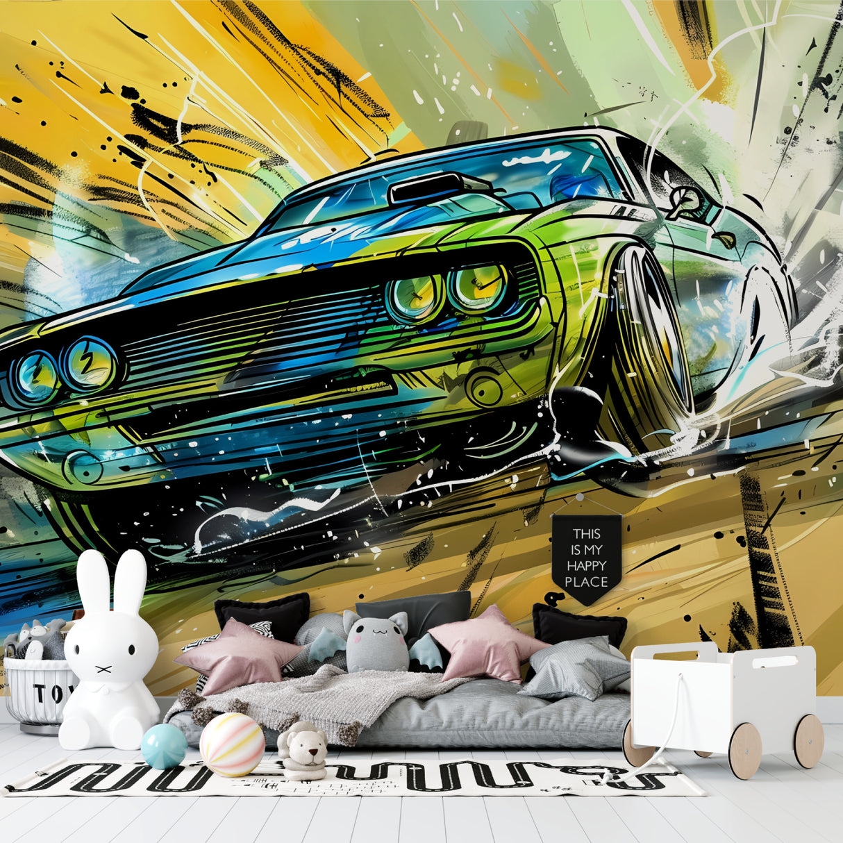 Modern car wallpaper design transforming man cave with urban art elements