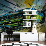 Graffiti car design bringing cool vibes to a modern entertainment room
