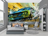 Racing car graffiti mural creating eye-catching feature wall in contemporary living room