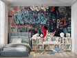 Street art wallpaper with red guitar bringing urban style to modern living room