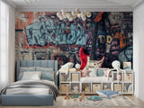 Street art wallpaper with red guitar bringing urban style to modern living room