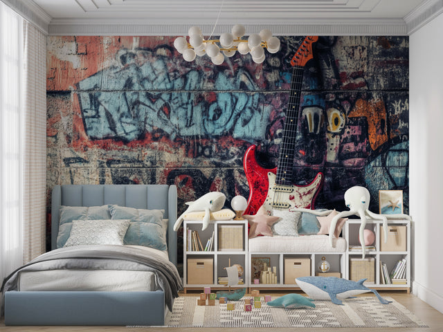 Street art wallpaper with red guitar bringing urban style to modern living room