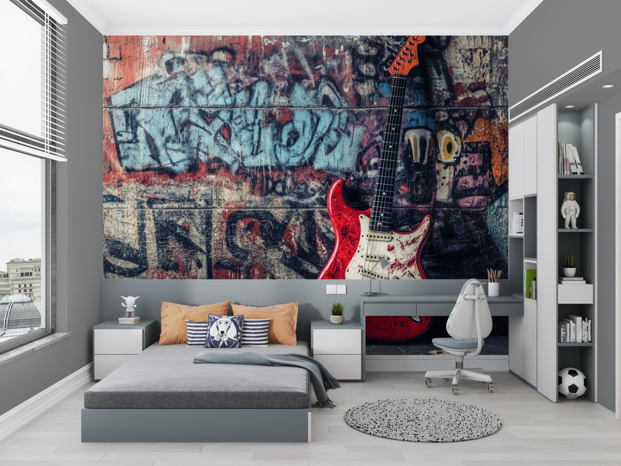 Graffiti mural with guitar creating impact in teen bedroom