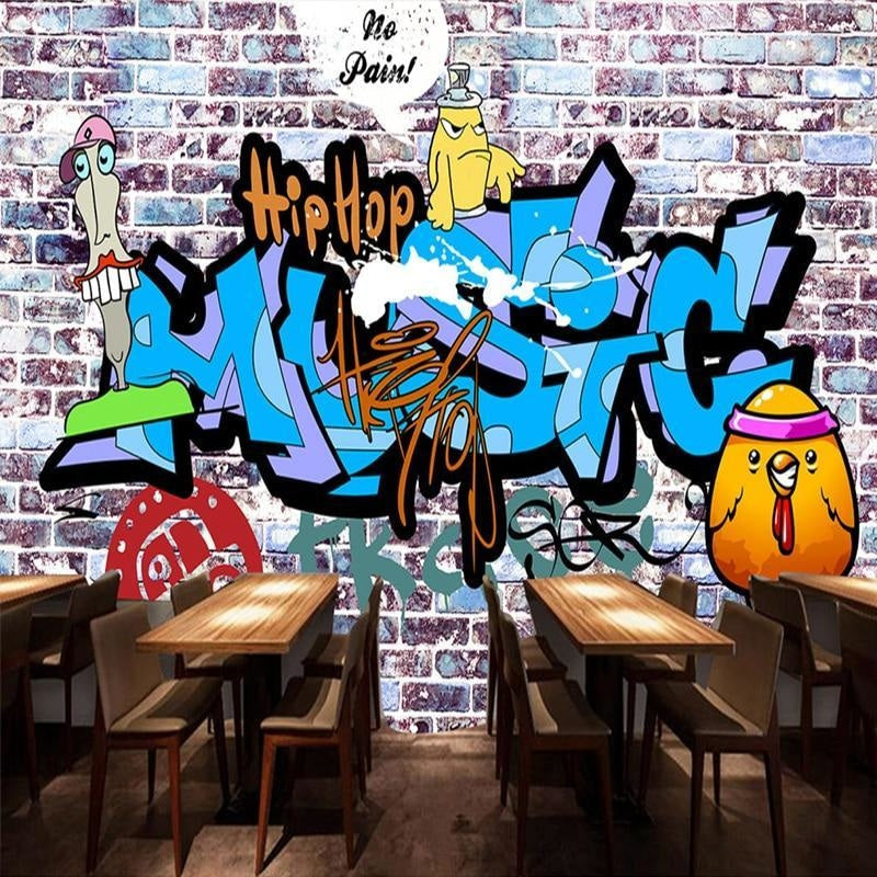 Hip hop graffiti mural wallpaper transforming teen bedroom with blue and purple urban art vibes