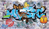 Street art graffiti design file showing detailed urban artwork with spray paint effects and cartoon characters