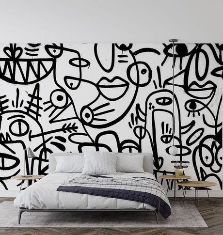 Modern Street Art Wallpaper bringing urban style to a contemporary living room with minimalist furniture