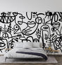 Modern Street Art Wallpaper bringing urban style to a contemporary living room with minimalist furniture