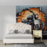 Street art motorcycle wallpaper creating urban atmosphere in modern teen bedroom with gaming setup