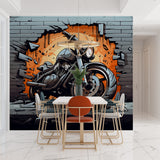 Motorcycle breaking wall mural adding edge to industrial style home office space