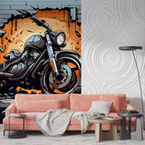 Dynamic street art wallpaper transforming game room with 3D motorcycle design