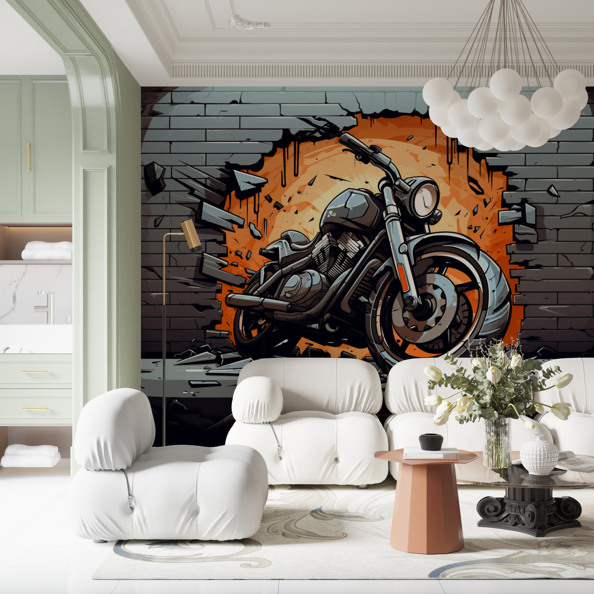 Urban graffiti style motorcycle mural making statement in modern living room