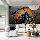 Urban graffiti style motorcycle mural making statement in modern living room