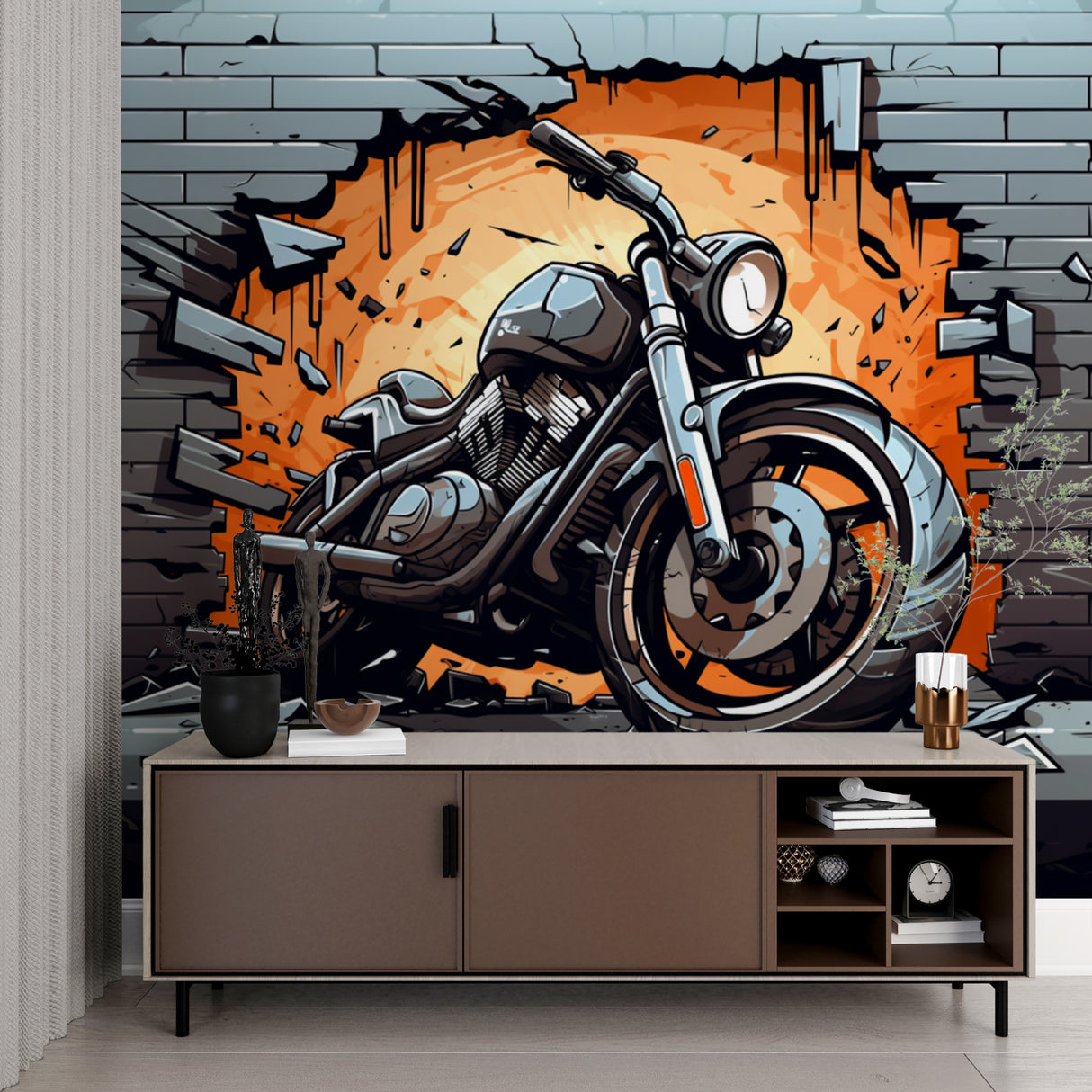 Street art wall mural bringing energy to contemporary basement hangout space