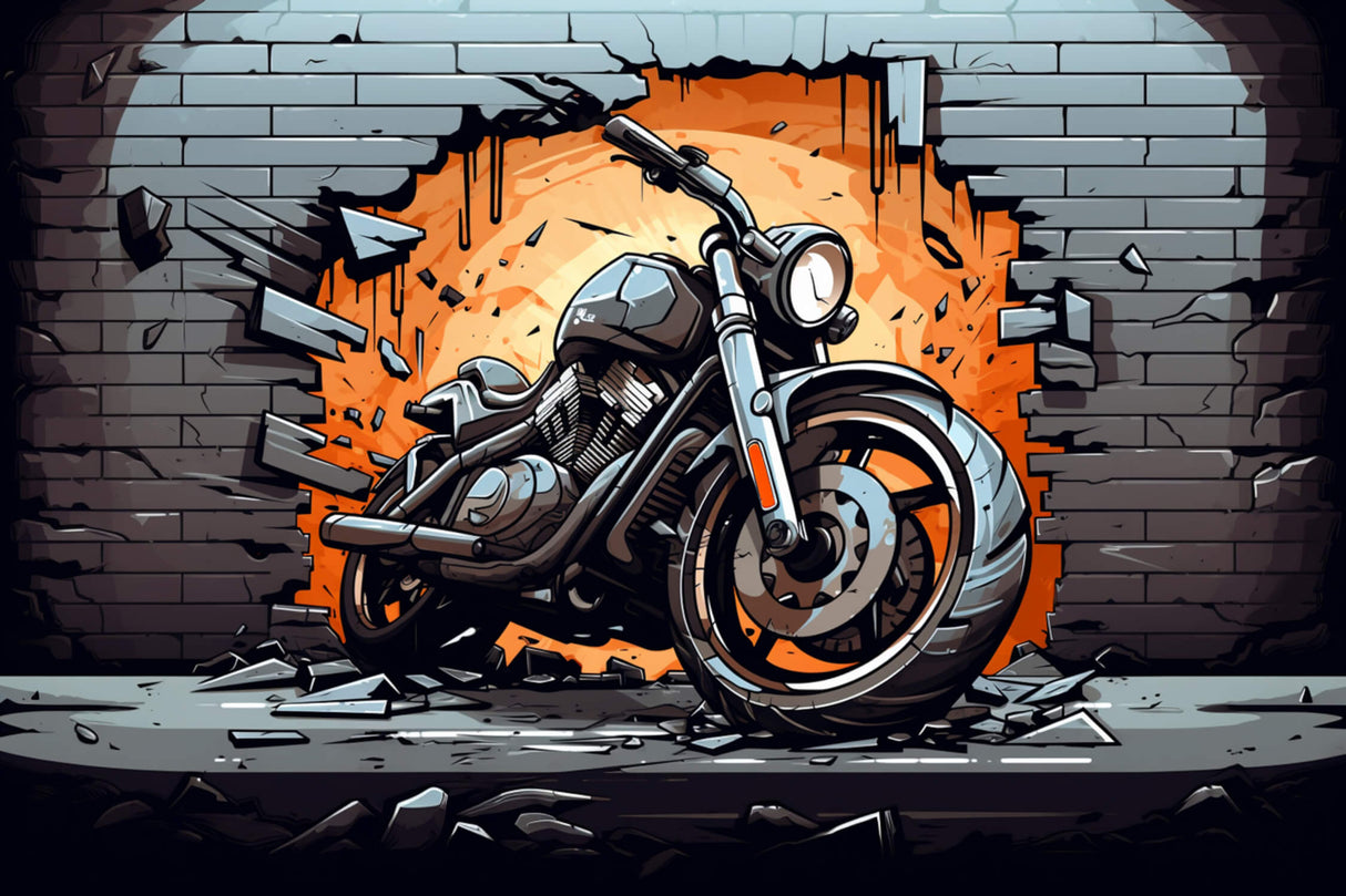 Design file showing detailed motorcycle breaking through brick wall pattern with urban graffiti effects