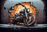Design file showing detailed motorcycle breaking through brick wall pattern with urban graffiti effects