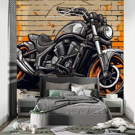 Street art motorcycle wallpaper bringing urban style to modern living room with dramatic lighting